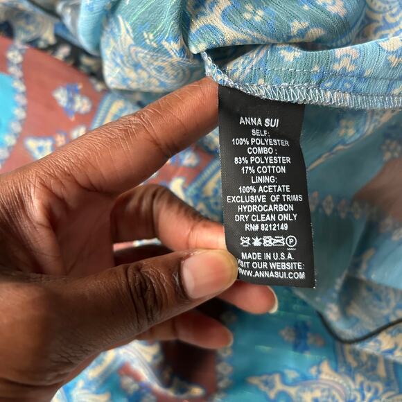 Anna Sui Blue and Black Boho Pattern Bell Sleeve Tunic Top Size 6 - Picture 8 of 8